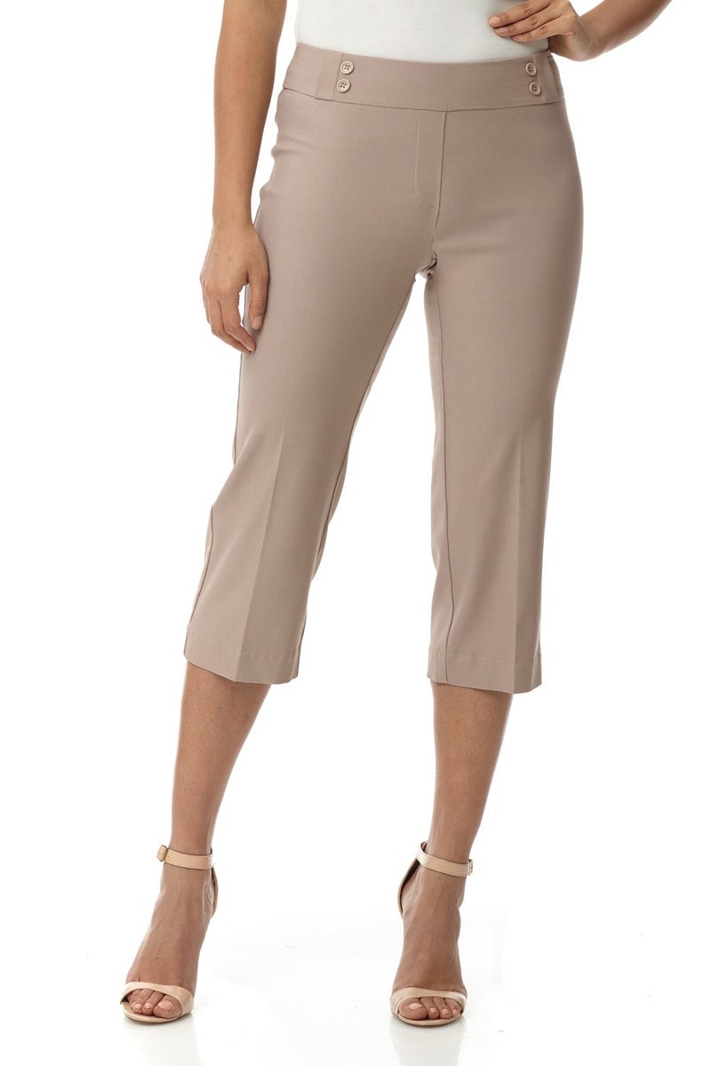 Rekucci Womenâ€™s Comfort Stretch Pull-On Capri Pants with Button Detail â€“ Everyday Casual Wear (10, Khaki) - Image 1
